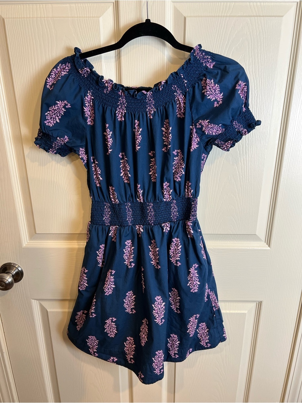 J crew block print Navy Blue Smocked Waist Floral Dress lined with pockets XXS
